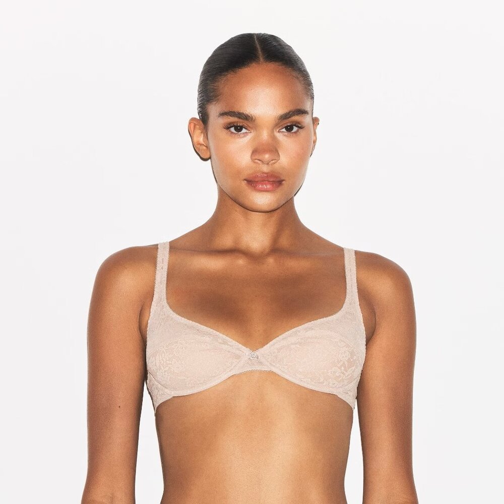 NWT SKIMS VINTAGE BRAS LACE UNLINED BRA | MUSHROOM 32DD